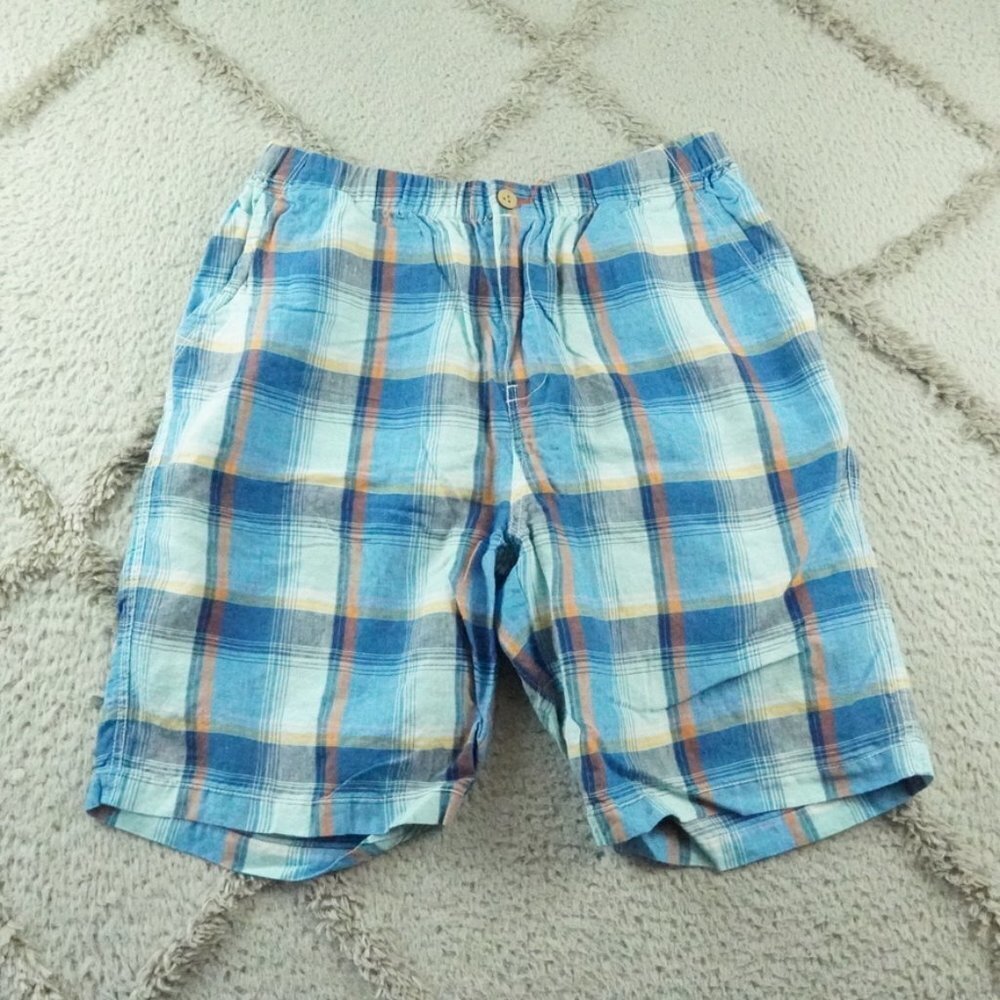 Tommy Bahama 100% Linen Shorts Mens Large Plaid Blue